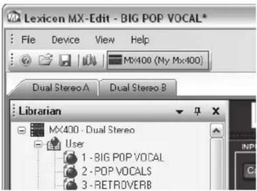Lexicon MX-Edit - BIG POP VOCAL* File Device View Help MX400 (My Mx400) Dual Stereo A Dual Stereo B Librarian MX400 - Dual Stereo User 1 - BIG POP VOCAL 2 - POP VOCALS 3 - RETROVERB