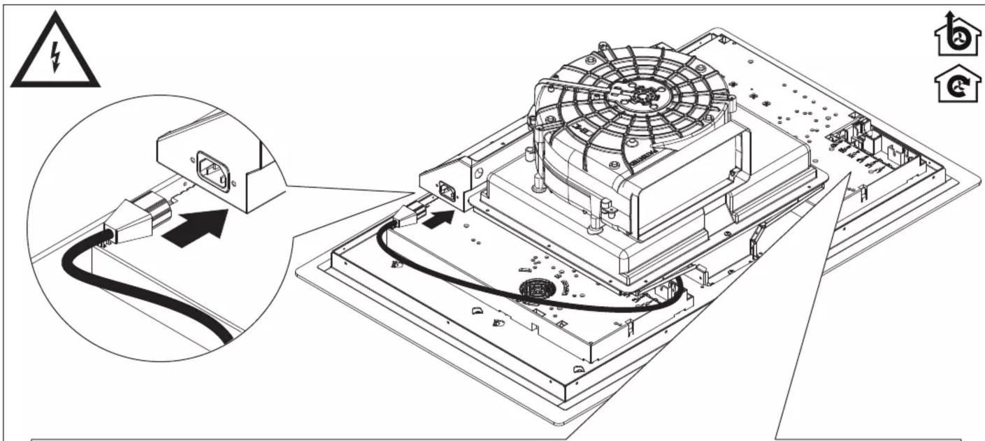 Technical diagram showing installation of an electrical device with warning symbols and safety icons