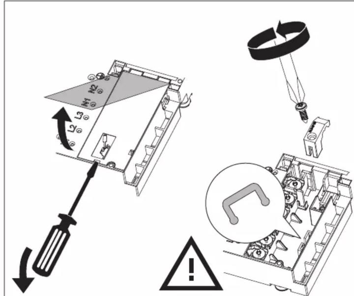 Technical diagram illustrating screwdriver installation and disassembly of a device, with labeled parts and warning symbol