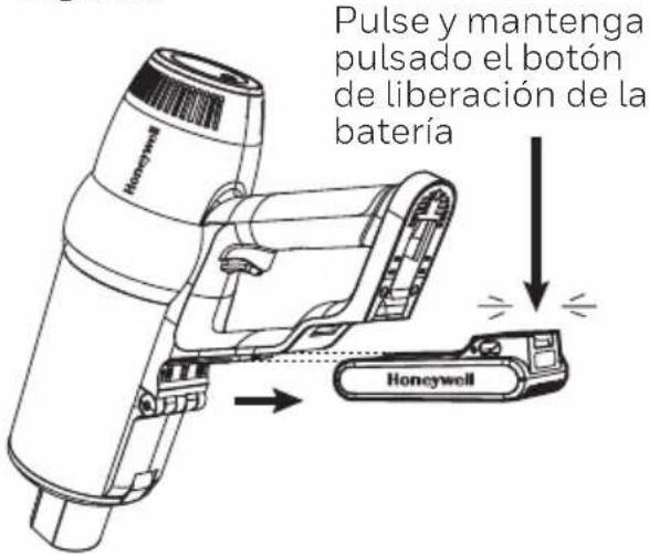 Pulse y mantenga pulsado el botón de liberación de la batería Honeywell