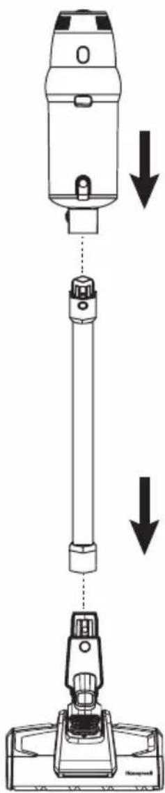 Diagram showing a vertical tool with downward arrows indicating movement or assembly, likely illustrating a mechanical or electrical setup.