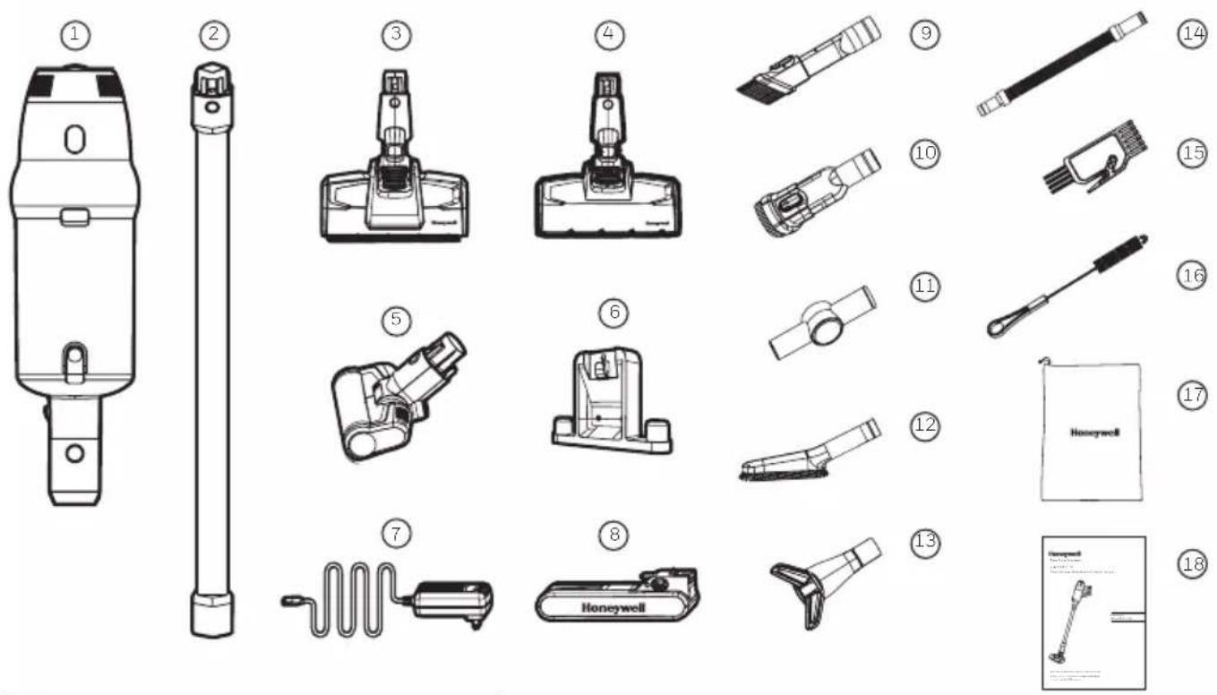 Technical diagram showing 18 labeled parts of a cleaning or hairbrush tool, including a main brush and various accessories.