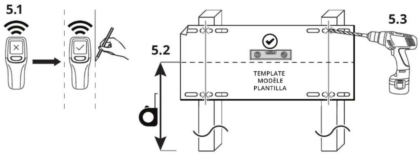 Kanto TE300 - 5a. Mount Wall Plate Assembly (Wood Stud Wall) Montez l'ensemble de plaque murale (montant en bois) Monte el ensamblaje de la placa de pared (muro de madera) - 1