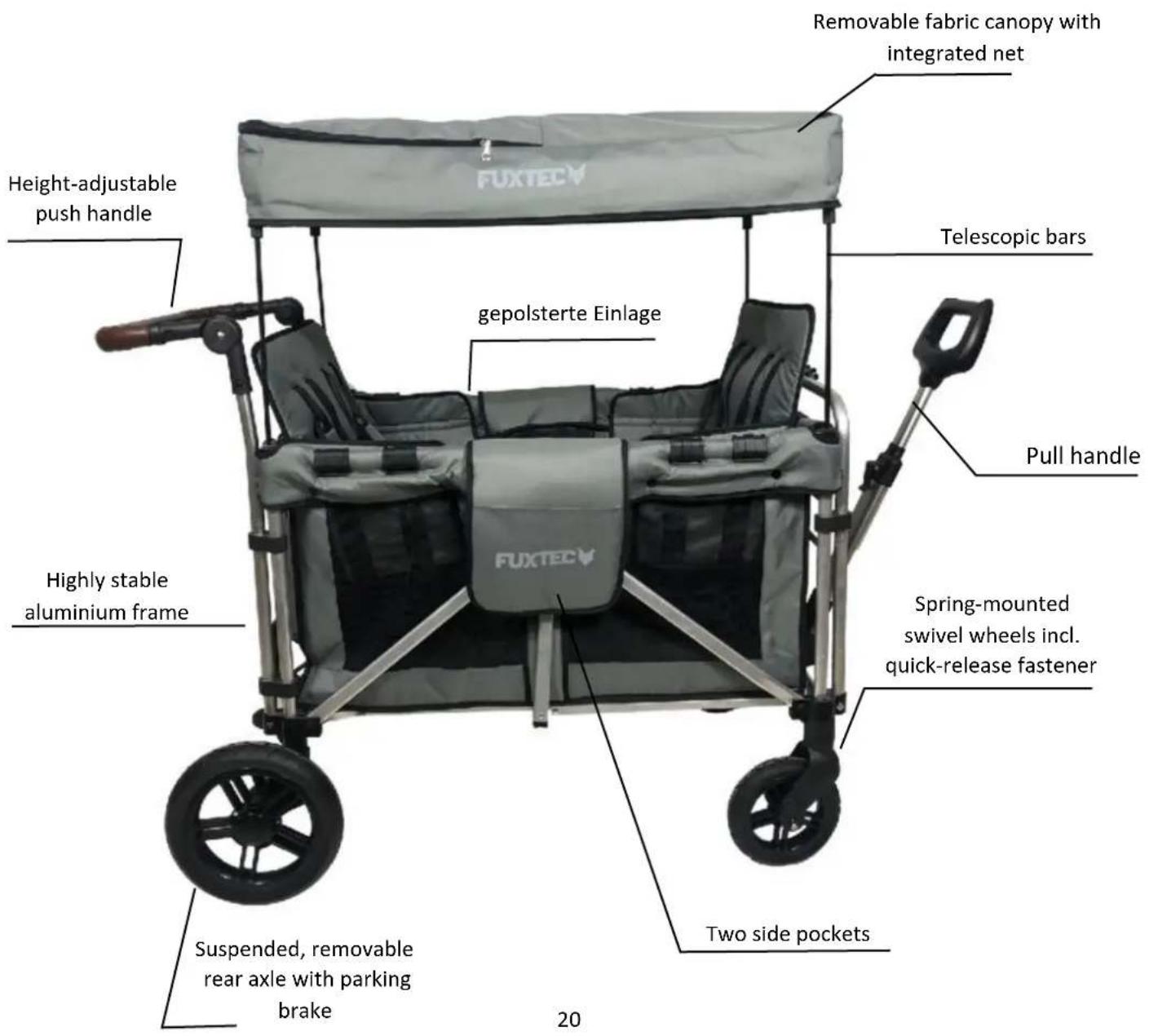 Height-adjustable push handle gepolsterte Einlage Removable fabric canopy with integrated net Telescopic bars Pull handle Highly stable aluminium frame Spring-mounted swivel wheels incl. quick-release fastener Suspended, removable rear axle with parking brake Two side pockets 20
