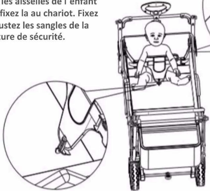 les aisselles de l'enfant fixez la au chariot. Fixez ustez les sangles de la ure de sécurité.