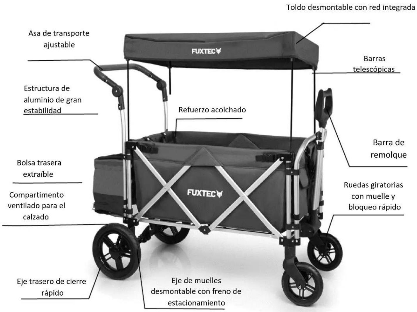 Toldo desmontable con red integrada FUXTEC Asa de transporte ajustable Estructura de aluminio de gran estabilidad Refuerzo acolchado Bolla trasera extraíble Compartimento ventilado para el calzado Eje trasero de cierre rápido Eje de muelles desmontable con freno de estacionamiento Barras telescópicas Barra de remolque Ruedas giratorias con muelle y bloqueo rápido FUXTEC