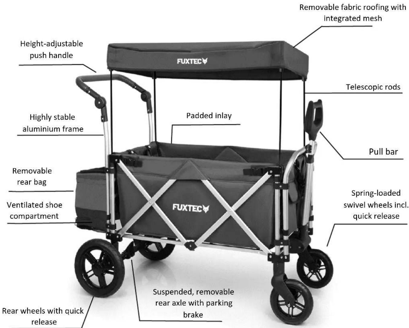 Height-adjustable push handle Highly stable aluminium frame Removable rear bag Ventilated shoe compartment Rear wheels with quick release Padded inlay Removable fabric roofing with integrated mesh Telescopic rods Pull bar Spring-loaded swivel wheels incl. quick release FUXTEC Suspended, removable rear axle with parking brake