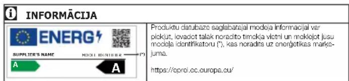 INFORMÁCIJA ENERG SUPPLIER'S NAME MODEL IDENTIFIER A A Produktu datubaze saglabatajal moda informacjal var pickljut, lovadot talak noradito timekja vistni un meklojot jusu moda identifikatoru (*), kas noradits uz energetikas marke-juma. https://oprol.cc.europa.cu/