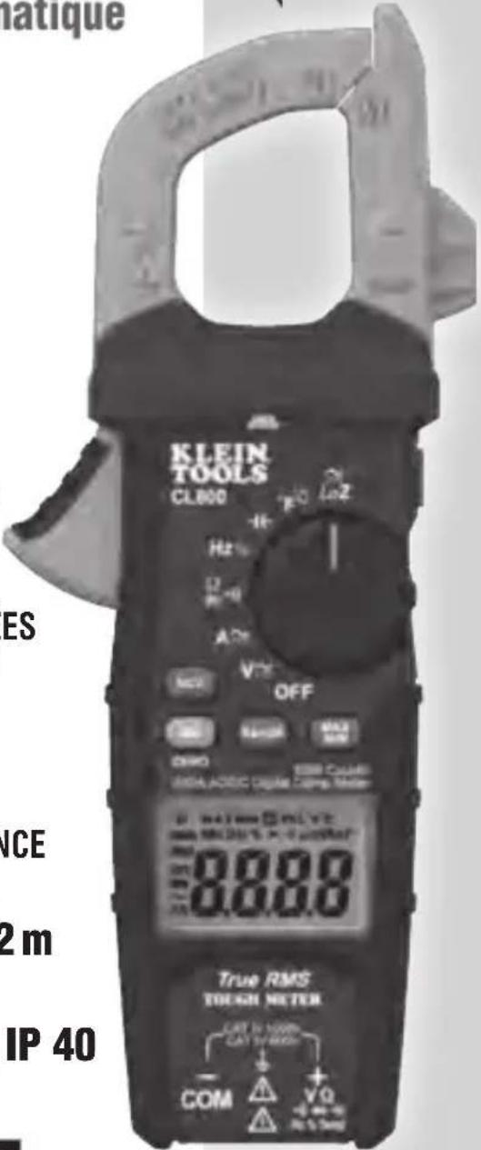 KLEIN TOOLS CL800 Hz A V OFF OK MAX ON/O 1000 1000 0.000 0.000 True RMS TOLER METER CUT 1000m CUT 500m COM V0 + - + - + - 2 m IP 40