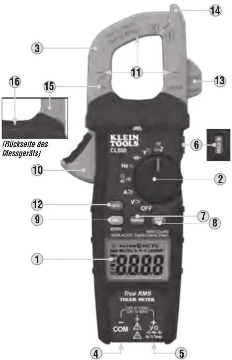 (Rückseite des Messgeräts) 1 2 3 4 5 6 7 8 9 10 11 12 13 14 15 16 KLEIN TOOLS CL500 OFF NAMES SASA AC/SC Digital Range Ump True RMS TOUGER METER CAT IN 500V CAT IN 500V COM Vo Tang