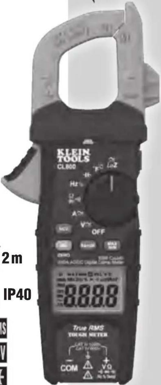 KLEIN TOOLS CL800 Hz A V OFF R200 MAX 1000 1000 1000 1000 1000 1000 1000 1000 1000 1000 1000 1000 1000 1000 1000 1000 1000 1000 1000 1000 100 COM VQ 1.5 m IP40 True RMS TOUGH METER LATT BY 120MHz LATT BY HIGH + - + - + - COM VQ