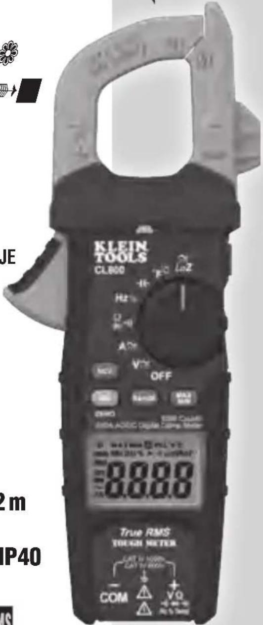KLEIN TOOLS CL800 OFF COM MAX 1000 1000 MHz GNDA AODC C analog 2.5Vrms Meter 0.000 0.000 True RMS TOUGH METER LATE 0.000 LATE 0.000 COM VQ + - + - + - + - 2 m IP40 MS