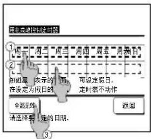 用非高速控制定时器 ① 周二 周二 周三 周四 周五 周六日 ② 颠簸星 表示的 面。 可设定假日, 在设定为假日的 定时表不动作 全部无效 请选择要 定的日期。 返回