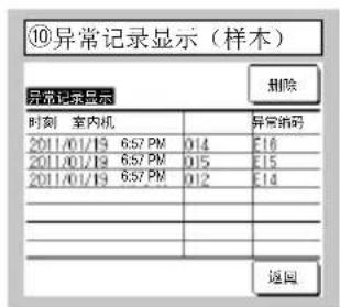 ⑩异常记录显示(样本) 异常记录显示 时刻 家内机 2011/01/19 6:57 PM 014 2011/01/19 6:57 PM 015 2011/01/19 6:57 PM 012 异常编码 E16 E15 E14 返回