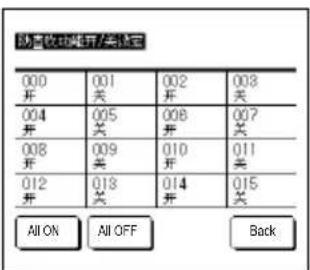 000 开 001 关 002 开 003 关 004 开 005 关 006 开 007 关 008 开 009 关 010 开 011 关 012 开 013 关 014 开 015 关 ALL ON ALL OFF Back