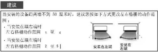建议 当安装的设备距离墙不到 50 厘米时, 建议您按如下方式更改左右格栅的动作范围: • 当安装在墙右端时 左右格栅动作范围 1 至 4 • 当安装在墙左端时 左右格栅动作范围 2 至 5 | 安装在左端 安装在 右端