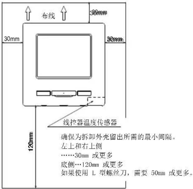 布线 30mm 30mm 30mm 120mm 线控器温度传感器 确保为拆卸外壳留出所需的最小间隔。 左上和右上侧 ……30mm 或更多 底侧…120mm 或更多 如果使用 L 型螺丝刀,需要 50mm 或更多。