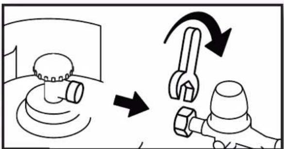 Diagram illustrating the process of changing a pipe valve from a tank to a wrench, with directional arrows indicating motion.