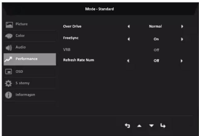 Mode - Standard Picture Color Audio Performance OSD S stemy Information Over Drive FreeSync VRB Refresh Rate Num Normal On Off Off