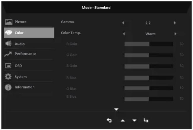 Mode - Standard Picture Color Audio Performance OSD System Information Gamma Color Temp. 2.2 Warm R Gain 50 G Gain 50 B Gain 50 R Bias 50 G Bias 50 B Bias 50