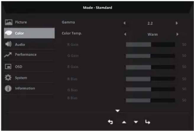 Mode - Standard Picture Color Audio Performance OSD System Information Gamma 2.2 Color Temp. Warm R Gain 50 G Gain 50 B Gain 50 R Bias 50 G Bias 50 B Bias 50