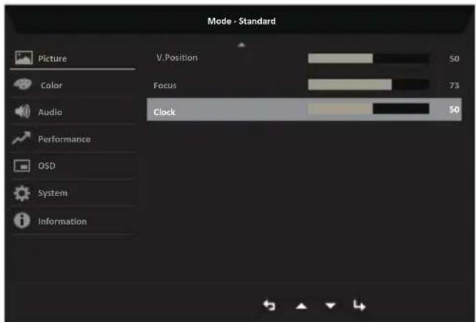 Mode - Standard Picture V. Position 50 Color Focus 73 Audio Clock Performance OSD System Information
