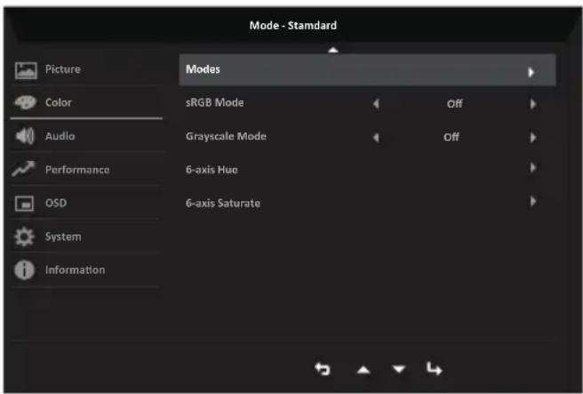 Mode - Standard Picture Color Audio Performance QSD System Information Modes sRGB Mode Off Grayscale Mode Off 6-axis Hue 6-axis Saturate