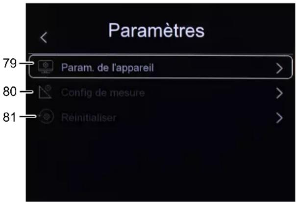 Paramètres Param. de l'appareil 80 Config de mesure Réinitialiser 81 79