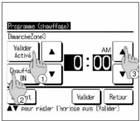 Programme (chauffage) DimancheZone3 Valider Activé CHAUFFA ON 0 : 00 AM 3 2 1 2 Pour régler l'horlose puis [Valider] Valider Retour