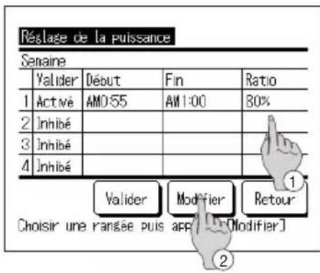 Réalage de la puissance Senaine Valider Début Fin Ratio 1 Activé AM0:55 AM1:00 80% 2 Inhibé 3 Inhibé 4 Inhibé Valider Modifier Retour Choisir une rangée puis app [n-Modifier] 2