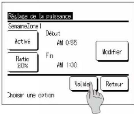 Réslage de la puissance SemaireZone 1 Activé Début AM 0:55 Ratio 80% Fin AM 1:00 Modifier Choisir une option Validé Retour