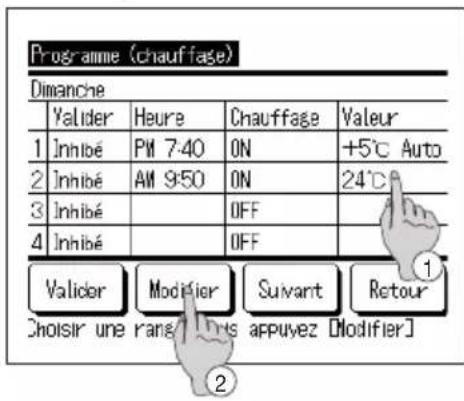 Programme (chauffage) Dimanche Valider Heure Chauffage Valeur 1 Inhibé PM 7:40 ON +5°C Auto 2 Inhibé AM 9:50 ON 24°C 3 Inhibé OFF 4 Inhibé OFF Valider Modifier Suivant Retour Choisir une rang This appuyez [Modifier] ②