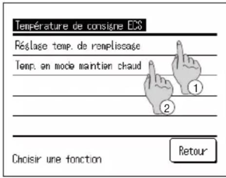 Température de consigne EDS Réglase temp. de rempliaccase Temp. en mode maintien chaud 1 2 Choisir une fonction Retour