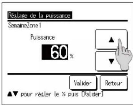 RÉSLAGE DE LA PUISSANCE SENAINEZONE 1 PUISSANCE 60 % Valider Retour ▲▼ pour résler le % puis [Valider]