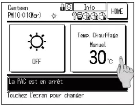 Canteen PM10:01(Mer) Info HOME OFF Temp. Chauffage Manuel 30 °C La PAC est en arrêt Touchez l'ecran pour chanser