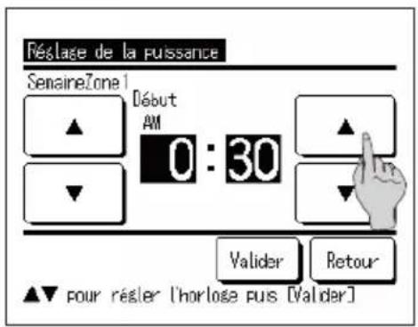 Réclage de la puissance SenaineZone 1 Début AM 0 : 30 Valider Retour pour résler l'horlose puis [Valider]