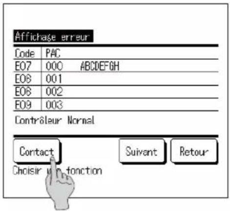 Affichage erreur Code PAC E07 000 ABCDEFGH E08 001 E06 002 E09 003 Contrâleur Normal Contact Suivant Retour Choisir y finction