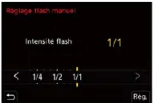 Réglage flash manuel Intensité flash 1/1 < 1/4 1/2 1/1 > Rég.