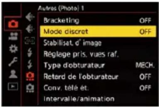 Autres (Photo) 1 Bracketing OFF Mode discret OFF Stabilisat. d° image Réglage pris. vues raf. Type d'obturateur MECH. Retard de l'obturateur OFF Conv. télé ét. OFF Intervalle/animation