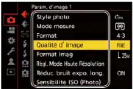 Param. d'image 1 Style photo Mode mesure Format Qualité d' image Format imag Rég. Mode Haute Résolution Réduc. bruit expo. long. Sensibilite ISO (Photo) 4:3 FINE L 25V ON