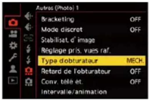 Autres (Photo) 1 Bracketing OFF Mode discret OFF Stabilisat. d' image Réglage pris. vues raf. Type d'obturateur MECH. Retard de l'obturateur OFF Conv. télé ét. OFF Intervalle/animation