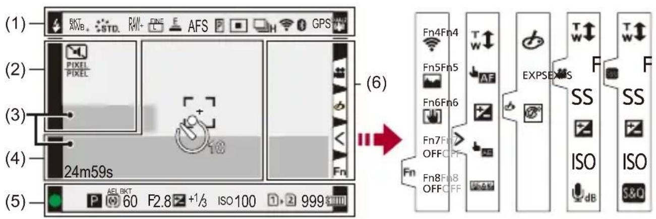 (1) (2) (3) (4) (5) 24m59s 60 F2.8 +1/3 ISO 100 1, 2 999 (6) Fn4Fn4 Fn5Fn5 Fn6Fn6 Fn7Fn7 OFFOFF Fn8Fn8 OFFOFF EXPSEDXS SS ISO dB S&Q