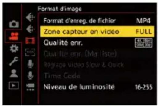 Format d'image Format d'enreg. de fichier MP4 Zone captour on vidéo FULL Qualité enr. Qualité enr. (Ma liste) Régage Video Slow & Quick Time Code Niveau de luminosité 16-255