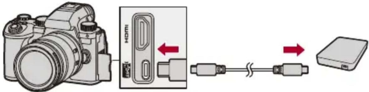 PANASONIC Lumix DC-G9M2 - Branchez l'appareil photo et la SSD externe à l'aide d'un câble de raccordement USB. - 1