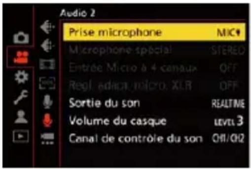 Audio 2 Prise microphone MIC# Microphone spécial STERED Entrée Micro à 4 canaux OFF Regl. adact micro XLB OFF Sortie du son REALTINE Volume du casque Level 3 Canal de contrôle du son OHI/OH2