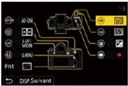 AF-ON LVF/MON Q MENU Fn1 DISP,Suivant