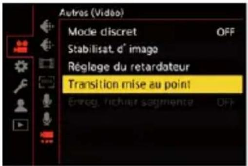 Autres (Vidéo) Mode discret OFF Stabilisat. d' image Réglage du retardateur Transition mise au point Enrog. Tichier segmente OFF