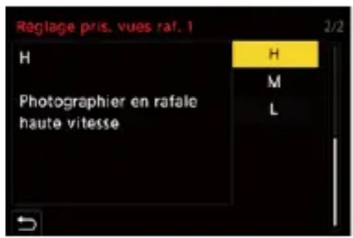 Réglage pris, vues raf. 1 2/2 H H M L Photographier en rafale haute vitesse