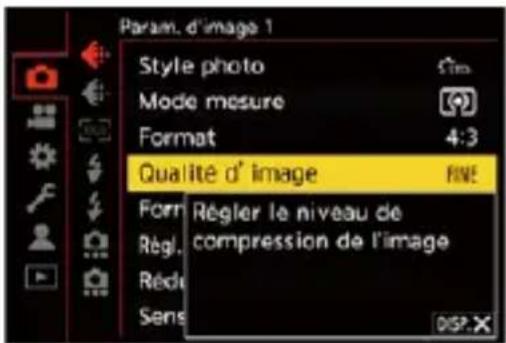 Param. d'image 1 Style photo Mode mesure Format 4:3 Qualité d' image FINE Form Régler le niveau de Régl. compression de l'image Rédu Sens DISP X