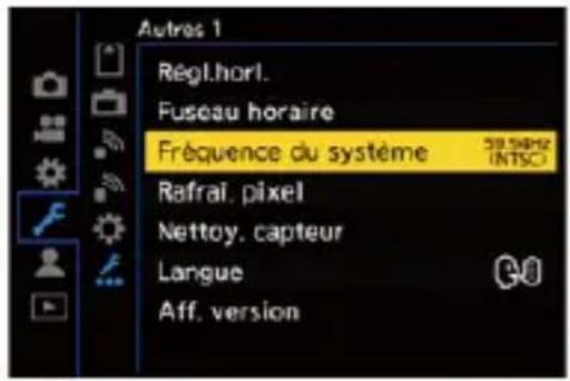 Autres 1 Régl.horl. Fuseau horaire Fréquence du système Rafrai, pixel Nettoy, capteur Langue Aff. version
